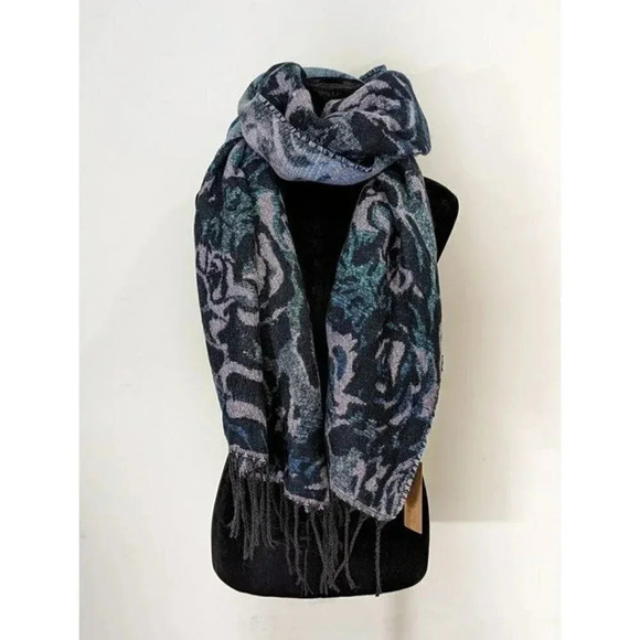 Steve Madden Rose Jacquard Scarf Blue Multi with Fringe Details (MSRP $42) - Picture 2 of 5